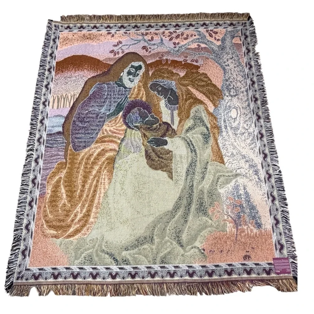 Vintage American Weavers 90s Tapestry Throw Blanket USA Holy Family Nativity